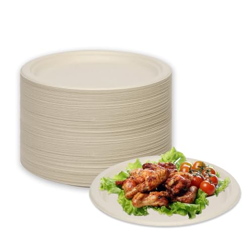 LDFDRT Pappteller 100 Stück Einweggeschirr Zuckerrohr Partyteller Biologisch Abbaubare Zuckerrohrfaser Rund Geschirr Zuckerrohrteller (natürlich, 17,8 cm) von LDFDRT