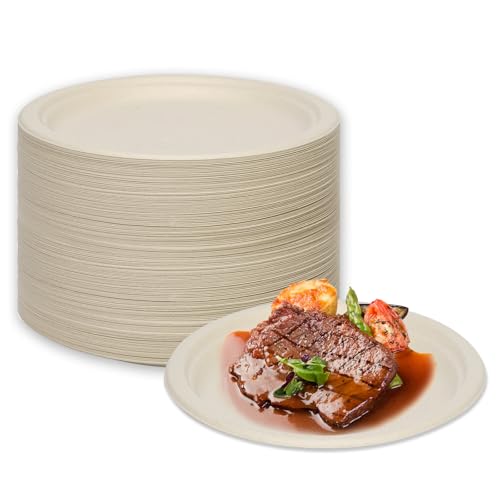 LDFDRT Pappteller 100 Stück Einweggeschirr Zuckerrohr Partyteller Biologisch Abbaubare Zuckerrohrfaser Rund Geschirr Zuckerrohrteller (natürlich, 22,8cm) von LDFDRT