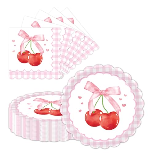 LDFDRT Partygeschirr Geburtstag Pappteller and Servietten,Partyteller 23cm 20 pcs & Servietten 20pcs Papier Party Geschirr zum Hochzeit Garten Party Deko (Kirsche) von LDFDRT