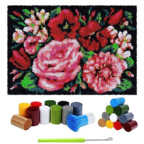 Knüpfteppich Latch Hook Kit DIY Tapisserie Teppich Zum Selber Knüpfen, Knüpfsets Knüpfen Set Kreuzstich Set Teppichherstellungs Handarbeit für Anfänger Erwachsene Kinder, 80x115cm Blume von LDFHOIN