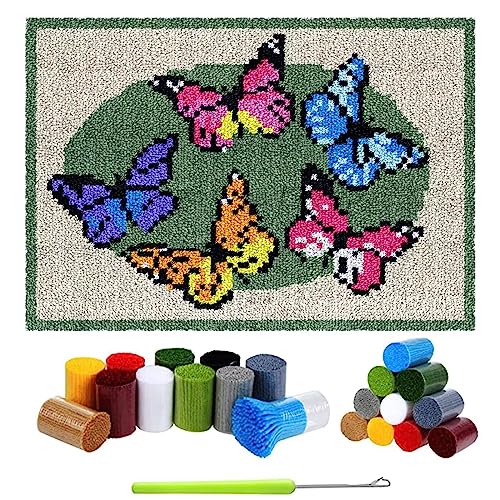 Knüpfteppich Zum Selber knüpfen mit Kissen, Teppich Set mit Werkzeug Knüpfsets Latch Hook Kit für Erwachsene, Knüpfen Teppich Knüpfpackung für Home Decor (Schmetterling, 40x60cm) von LDFHOIN