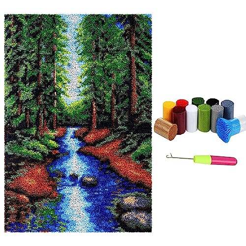 Knüpfteppich Zum Selber knüpfen mit Kissen, Teppich Set mit Werkzeug Knüpfsets Latch Hook Kit für Erwachsene, Knüpfen Teppich Knüpfpackung für Home Decor Geschenke (Wald, 60x80cm) von LDFHOIN