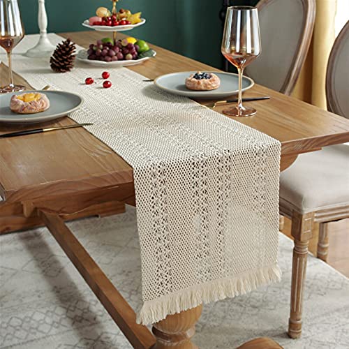 Home Tischwäsche Tischläufer Beige Häkeln Spitze Tischläufer Mit Quaste Baumwolle Hochzeitsfeier Dekor Hohl Tischdecke Nordische Romanze Tischabdeckung Kaffeebettläufer Für Partys, Hochzeiten, Esstisc von LDGF
