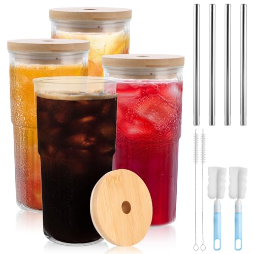 LDHHYH 4 Stück 700ml/22oz Glasbecher mit Deckel und Strohhalm, Eiskaffeebecher, Bubble Tea Becher, Gerippte Glasbecher, Transparente Gestreifte Glas Wasserbecher, Eiskaffee Gläser von LDHHYH