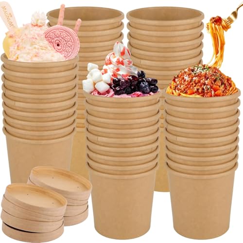 LDHHYH 50 Stück Pappbecher Suppenbecher 450ml Pappbecher mit Deckel, Einweg Eisbecher Pappe Pappbecher Speisebecher, Braun Pappbecher für Suppe Salat Nachtisch Vorspeisen von LDHHYH