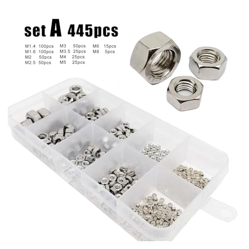 445/669 Stück M1 M1.2 M1.4 M1.6 M2 M2.5 M3 M3.5 M4 M5 M6 M8 M10M12M16 Sechskantmuttern aus 304 Edelstahl(Set A 445pcs) von LDHNFBYV