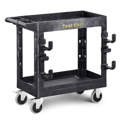 LDHTHOPI Servierwagen MAX 250kg,Werkstatt RollWagen 84.5x41.5x85cm mit 2 Lastaufnahmehaken,Schwerlast Kunststoff Vielzweckwagen 2 Lenkrollen mit Bremse,Schwarz,für Lager Garagen Büros Gärten Hotels von LDHTHOPI