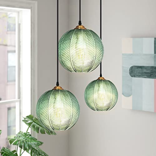 3-Flammige Pendelleuchte Esstisch Pendelleuchte Glas Hängelampe Deckenlampe Grün Lampenschirm HöHenverstellbar Hängelampe, Moderne Deckenleuchte Kronleuchter Esszimmerlampe für KüChe Schlafzimmer von LDIEUWUET