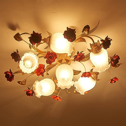 LDIEUWUET Deckenlampe Wohnzimmer Vintage Deckenleuchte für Decken,Red Rose Wandsteuerung Dimmbar Metallglas Florale Modern Deckenleuchte Schlafzimmer E27 (6 heads/58cm) von LDIEUWUET