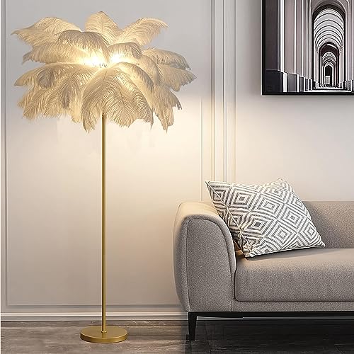 LDIEUWUET Natürliche Straußenfeder Lampen Stehlampe für Wohnzimmer, LED Feder Stehlampe mit Lichtquellen, romantische hohe Strauß Nachttischlampe für Schlafzimmer, Federlicht Dekoration (160cm White) von LDIEUWUET