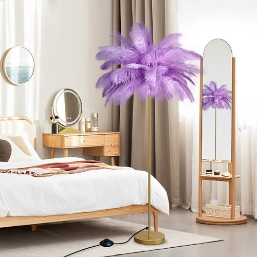 LDIEUWUET Wohnzimmer Stehlampe, Feder Stehlampe Gold, Moderne Stehlampe aus Natürlichen Straußenfedern Lampe, Hohe Federlampen, Wohnzimmer Feder Stehleuchte, für Schlafzimmer, Büro, Ecke von LDIEUWUET