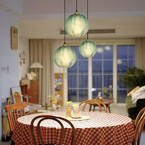 Pendelleuchte Glas 3-Flamming Pendelleuchte Esstisch,Grün Lampenschirm HöHenverstellbar Hängelampe Leuchte,Moderne Hängeleuchte Kronleuchter Pendellampe für Esszimmer, Küche, Schlafzimmer E27 von LDIEUWUET