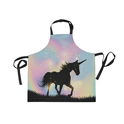 LDIYEU Fantasie Schwarz Einhorn Schürze Küchenschürze Kochschürze mit 2 Taschen Verstellbarer Umhängeband Schürzen Latzschürze für Frauen Männer Chef Kellnerin von LDIYEU