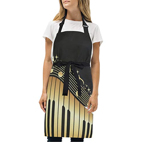LDIYEU Goldene Musik Klavier Kunst Schürze Küchenschürze Kochschürze mit 2 Taschen Verstellbarer Umhängeband Schürzen Latzschürze für Frauen Männer Chef Kellnerin von LDIYEU