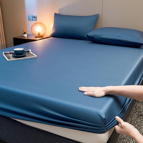 LDLCYCN Matratzenschoner Queen Kühlendes Spannbetttuch Kühle Seide Doppelseitiger Matratzenbezug Bequemer Baumwollstoff Tiefe Tasche Für 25 cm,Blau,90 * 200cm von LDLCYCN