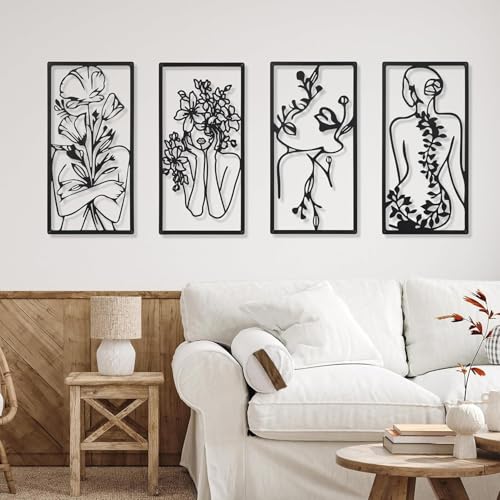 LDOZ 4 Stück Wanddekoration aus Metall, minimalistische Wandkunst mit schwarzer Linie für Frauen, Wanddekorationen für Aufhängen mit Blumen für Zuhause LDOZ 4 Stück Wanddekoration aus Metall, minimalistische Wandkunst mit schwarzer Linie für Frauen, Wanddekorationen für Aufhängen mit Blumen für Zuhause von LDOZ