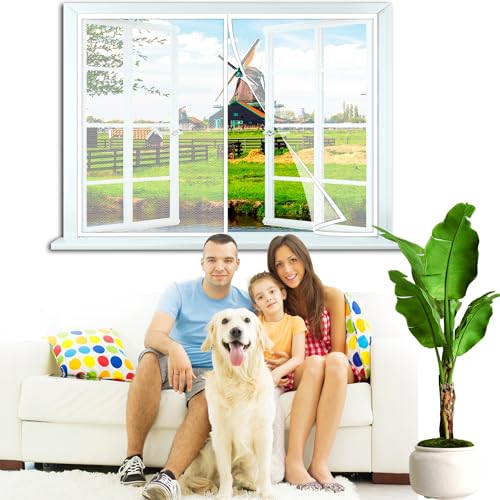 Fliegengitter Fenster,90x165cm Insektenschutz Fenster,Netz Vorhänge mit Klettverschluss,Magnet Fliegenvorhang Ideal für die BalkonFenster/Wohnzimmer/KellerFenster Weiß von LDQBF