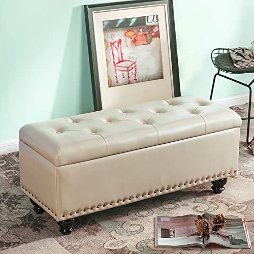 LDTTYRC Kunstleder Aufbewahrungsbank,Modern Getuftete Aufbewahrungshocker,Rechteck Eingangsbereich Schuhbank Multifunktionale Sofa Hocker Für Wohnzimmer Schlafzimmer Eingangsbereich-Creme 60x40x43cm von LDTTYRC