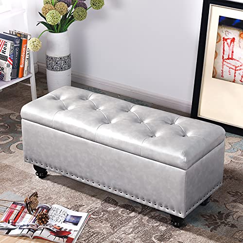 LDTTYRC Kunstleder Aufbewahrungsbank,Modern Getuftete Aufbewahrungshocker,Rechteck Eingangsbereich Schuhbank Multifunktionale Sofa Hocker Für Wohnzimmer Schlafzimmer Eingangsbereich-Silber 80x40x43c von LDTTYRC