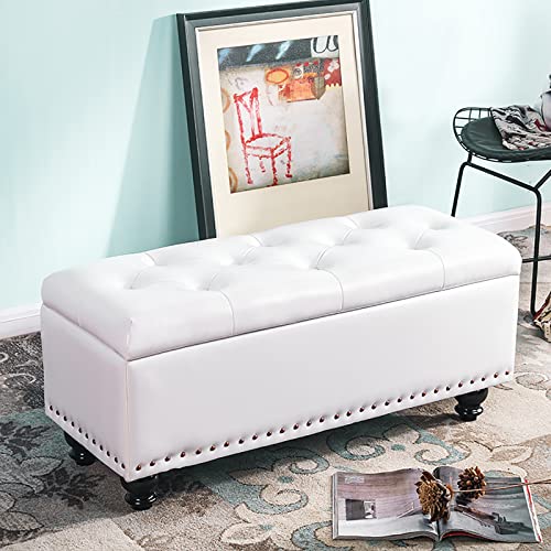 LDTTYRC Kunstleder Aufbewahrungsbank,Moderne Getuftete Aufbewahrungshocker,Rechteck Eingangsbereich Schuhbank Multifunktionale Sofa Hocker Für Wohnzimmer Schlafzimmer Eingangsbereich-Weiß 60x40x43cm von LDTTYRC