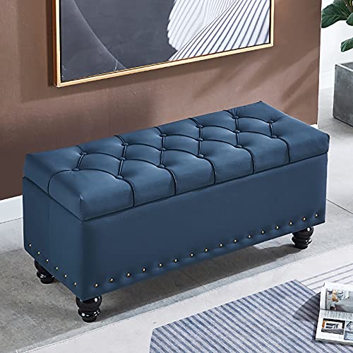 LDTTYRC Kunstleder Fußbank Mit Gepolsterter Sitzfläche,Premium Dekoration Möbel Fußhocker Couch Für Wohnzimmer Schlafzimmer,Luxus Ottomane Bänke Mit Stauraum-Blau 60x40x45cm(24x16x18inch) von LDTTYRC