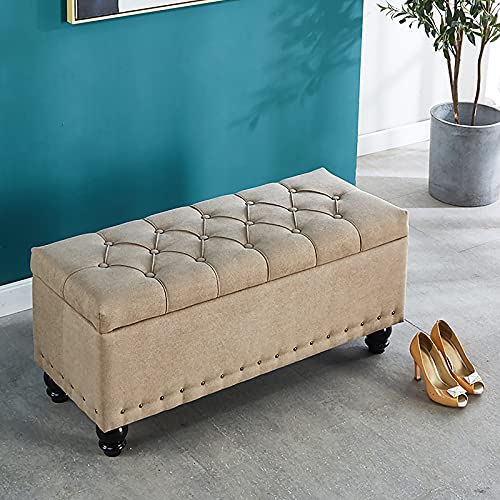 LDTTYRC Leinen Gepolsterte Sitzbank Fußende des Bettes Bank Mit Lagerung,Rechteckige Lagerung Ottomane Bank,Moderne Wohnzimmer Fußhocker Eingangsbereich Schuhe Ändern Hocker-Beige 60x40x45cm(24x16x1 von LDTTYRC