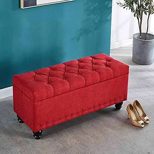 LDTTYRC Leinen Gepolsterte Sitzbank Fußende des Bettes Bank Mit Lagerung,Rechteckige Lagerung Ottomane Bank,Moderne Wohnzimmer Fußhocker Eingangsbereich Schuhe Ändern Hocker-Rot 100x40x45cm(39x16x18 von LDTTYRC