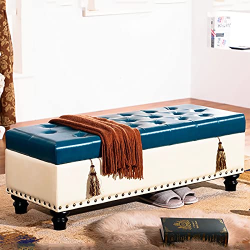 LDTTYRC Modern Home Wohnzimmer Schlafzimmer Fußstütze Hocker Fußende des Bettes Bank mit Stauraum Multifunktionsbank, Kunstleder Aufbewahrung Ottoman Bank-Creme&Blau 60x40x42cm(24x16x17inch) von LDTTYRC