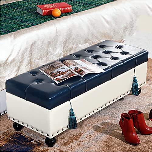 LDTTYRC Modern Home Wohnzimmer Schlafzimmer Fußstütze Hocker Fußende des Bettes Bank mit Stauraum Multifunktionsbank, Kunstleder Aufbewahrung Ottoman Bank-Creme & Dunkelblau 80x45x42cm (31x18x17inch von LDTTYRC