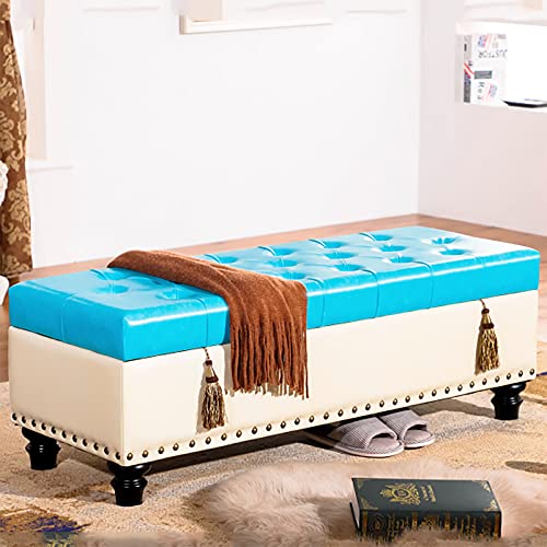 LDTTYRC Modern Home Wohnzimmer Schlafzimmer Fußstütze Hocker Fußende des Bettes Bank mit Stauraum Multifunktionsbank, Kunstleder Aufbewahrung Ottoman Bank-Creme & Wasserblau 60x40x42cm (24x16x17inch von LDTTYRC