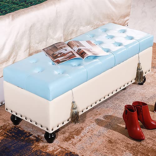 LDTTYRC Modern Home Wohnzimmer Schlafzimmer Fußstütze Hocker Fußende des Bettes Bank mit Stauraum Multifunktionsbank, Kunstleder Aufbewahrung Ottoman Bank-Creme&hellblau 60x40x42cm(24x16x17inch) von LDTTYRC
