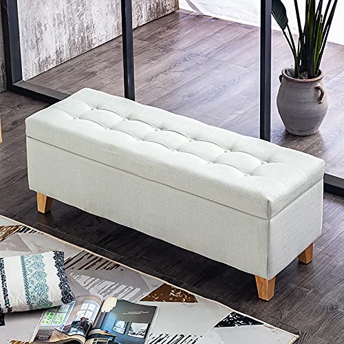 LDTTYRC Moderne Fußstütze Fußende des Bettes Bank für Wohnzimmer Schlafzimmer, Leinen gepolstert Sofa Lagerung Ottomane Sitzbank, Eingangsbereich Schuhwechselhocker mit Lagerung-weiß 90x40x45cm (35x von LDTTYRC