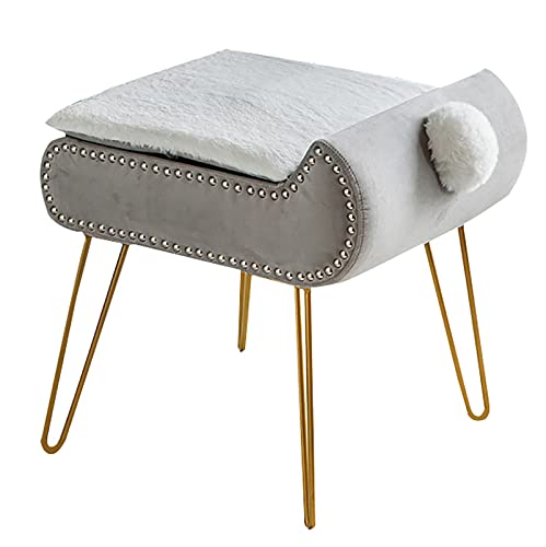 LDTTYRC Moderner Samt-Kosmetikhocker mit Stauraum, Kunstfell-Stauraumhocker, Quadratischer Schminkstuhl mit Metallbeinen, Mädchenschlafzimmer-gepolsterter Fußstützen-Couchtisch-Grau a 47x39x48cm (19 von LDTTYRC
