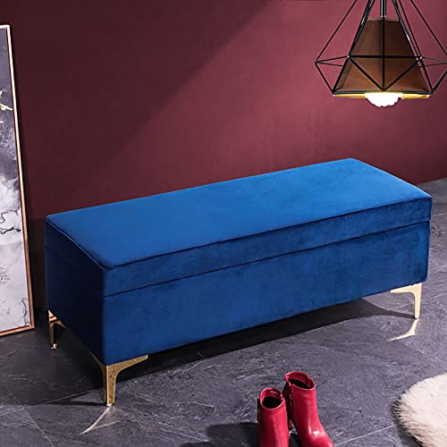 LDTTYRC Nordischer Stil Wohnzimmer Schlafzimmer Fußstütze Aufbewahrungstruhe,Rechteck Lift Top Lagerung Ottomane Sitz Ende des Bettes Bank,Premium Samt Gepolsterte Aufbewahrungsbank-Blau 90x40x46cm( von LDTTYRC