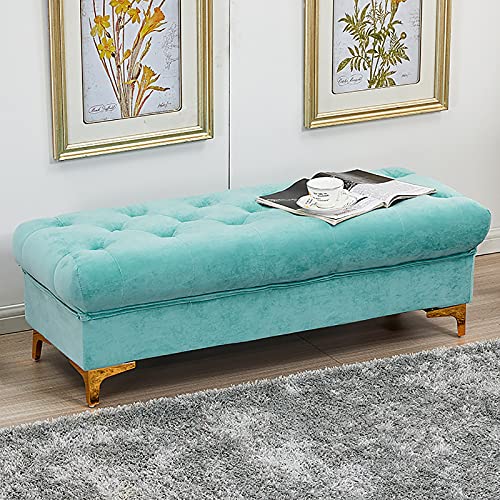 LDTTYRC Premium Gepolsterte Sitzbank mit Stauraum,Modern Home Schlafzimmer Wohnzimmer Flur Fußhocker Schuhbank Multifunktionsbänke,Samt-Stauraum-Ottomane-Bank-Seeblau 100x45x40cm(39x18x16inch) von LDTTYRC