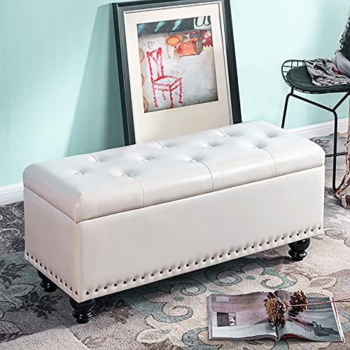 LDTTYRC Pu-Leder Fußende des Bettes Bank mit Stauraum,Modern Home Schlafzimmer Wohnzimmer Fußhocker Multifunktionsbänke,Kunstleder Lagerung Ottoman Bank-Milchig weiß 60x40x45cm(24x16x18inch) von LDTTYRC