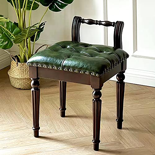 LDTTYRC Rustikaler Schminktischhocker Mit Rückenlehne,Holzgeschnitzter Akzentstuhl Schminkhocker Für Schlafzimmer Wohnzimmer,Leder Gepolsterter Plan Sitzbank Frisiertischhocker-D 45x43x59cm(18x17x23 von LDTTYRC