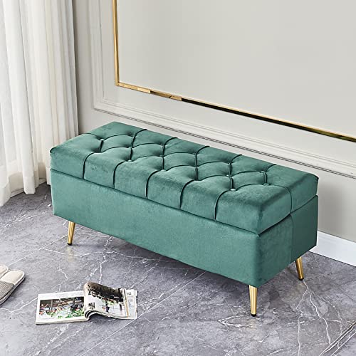 LDTTYRC Samt-Aufbewahrungshocker,Knopfgetufteter Fußstützen-Sofahocker,Rechteckiger Flanell-Polster-Bett-Endhocker,Truhen-Couchtisch Für Wohnzimmer Schlafzimmer-Dunkelgrün 80x40x45cm(31x16x18inch) von LDTTYRC