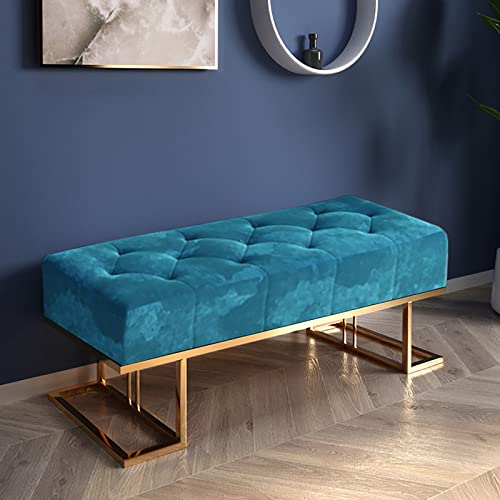 LDTTYRC Samt Gepolsterte Getuftete Schlafzimmerbank,Moderne Schuhbank Für Den Eingangsbereich Mit Metallbasis,Bequeme Dekorative Fußstütze Hocker Für Schlafzimmer Wohnzimmer Flur-Blau 100x40x45cm(39 von LDTTYRC