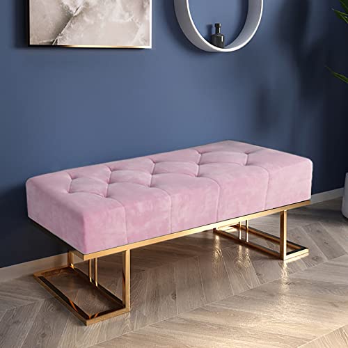 LDTTYRC Samt Gepolsterte Getuftete Schlafzimmerbank,Moderne Schuhbank Für Den Eingangsbereich Mit Metallbasis,Bequeme Dekorative Fußstütze Hocker Für Schlafzimmer Wohnzimmer Flur-Rosa 100x40x45cm(39 von LDTTYRC