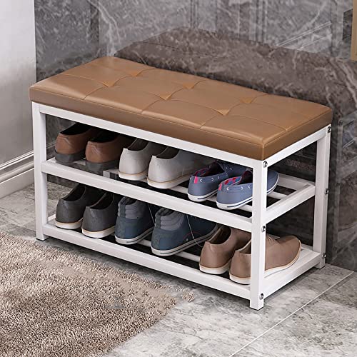 LDTTYRC Schuhbank für den Eingangsbereich mit gepolstertem Sitz, ②-stufiges Schuhregal aus Metall, stabile Aufbewahrungs-Organizer-Metallrahmen-Pu-Lederbank für den Wohnzimmerflur, Khaki, 70 x 30 x von LDTTYRC