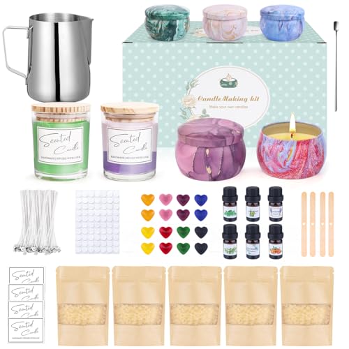 LDUMODUW Kerzen Selber Machen Set, Kerzenherstellung Kerzen Selber Machen für Erwachsene Anfänger, DIY Duftkerze mit 625G Bienenwachs, 16 Farbstoffe, 6oz Gläser, Dosen Kerzendochte von LDUMODUW