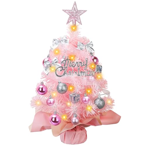 Weihnachtsbaum künstlich Weihnachtsdeko Baum Mit Led Lichterkette Mit Beleuchtung und Baumwipfel-Stern Weihnachten Dekoration für Home Office Shop Desktop, Mini Weihnachtsbaum Rosa von LDUMODUW