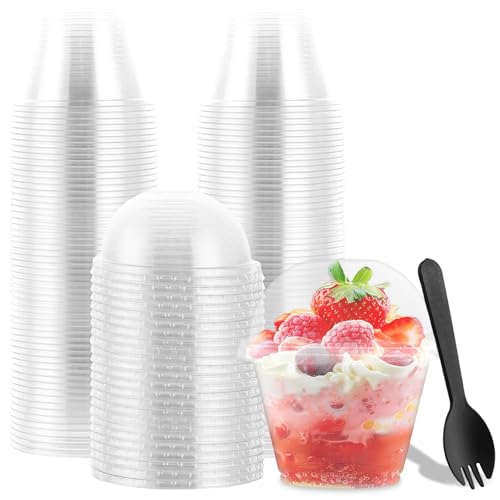 LDXDRU 100 Stück Plastik Dessertbecher mit Deckel, 180ml Desserttasse mit Löffeln, Klare Dessertschalen Wiederverwendbar, Dessert becher, Dessertgläser Plastik mit Deckel für Pudding Mousse Eiscreme von LDXDRU