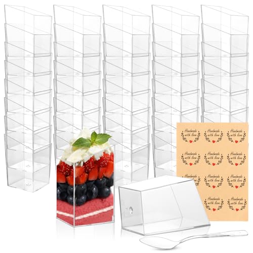 LDXDRU 125 Stück Mini Dessertbecher Dessertschalen, 85ml Dessertgläser Plastik, Nachtisch Gläser, Plastikbecher Buffet Zubehör, Fingerfood Schalen, Desserttasse mit Löffeln für Dessert Pudding Mousse von LDXDRU