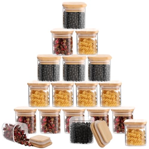 LDXDRU 16er Set Eckig Vorratsdosen, 120ml Vorratsgläser Glas mit Deckel Luftdicht, Glasbehälter Vorratsglas mit Holzdeckel Vorratsbehälter Glas Eckig, Küche Aufbewahrungsgläser für Müsli, Mehl, Gewürz von LDXDRU