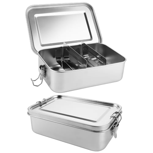 LDXDRU 2 Stück Brotdose Edelstahl 1400ml, Metall Brotdose mit 2 Fächern, Edelstahldosen mit Deckel, Brotbüchse Brotbox Edelstahl Lunchbox Brotzeitdose für Erwachsene von LDXDRU