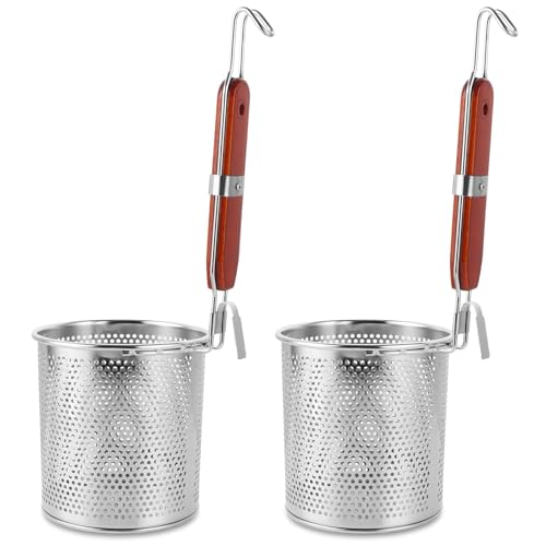 LDXDRU 2 Stück Nudelsieb aus Edelstahl, Mikroperforiertem Frittierkorb mit Holzgriff Nudel-Schaufel Küchensieb Fadennudelsieb aus Edelstahl für kochende Lebensmittel Spaghetti Knödel, Dia 14cm von LDXDRU