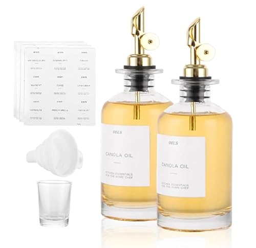 LDXDRU 2 Stück Ölflasche Essig und Ölflaschen Set 350ml Ölspender mit Ausgießer Kaffeesirupspender Öl Flaschen mit Trichter und Etikett Olivenöl Flasche Spender Oil Dispenser für die Küche, Gold von LDXDRU