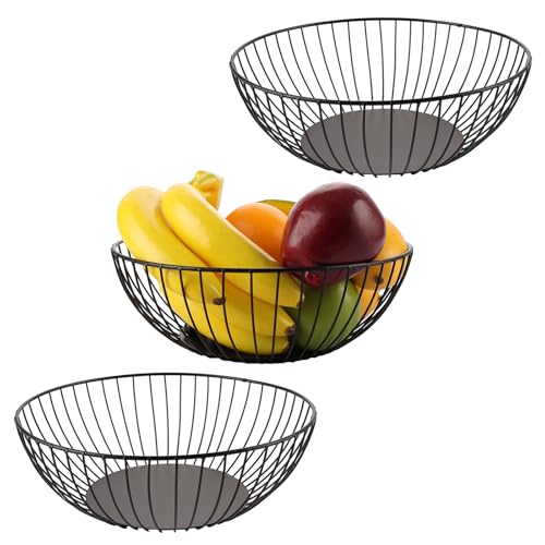 LDXDRU 3-teilige Schwarze Obstschale, Schwarzer Obstkorb aus Metall, Obstschalen aus Draht für die Küche, Obstkörbe aus Metall für die Küche, Drahtkorb zur Aufbewahrung von Obst, Gemüse, Snacks, Brot von LDXDRU